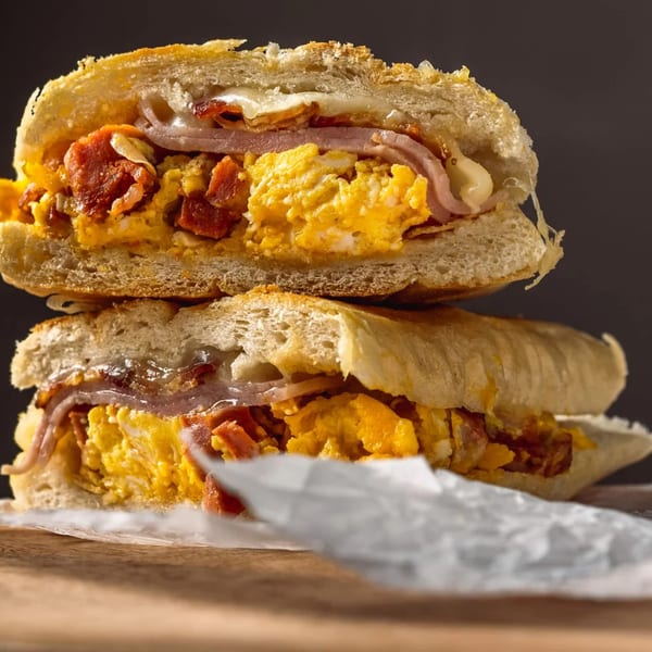 Two halves of a breakfast sandwich with scrambled eggs, bacon, ham, and cheese on a bun.