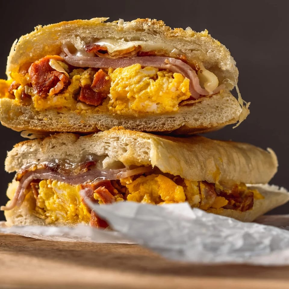 Two halves of a breakfast sandwich with scrambled eggs, bacon, ham, and cheese on a bun.