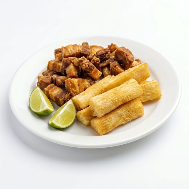 Chicharron Con Yuca Frita.