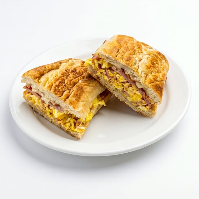 Ham, Bacon, Egg & Cheese Sandwich.