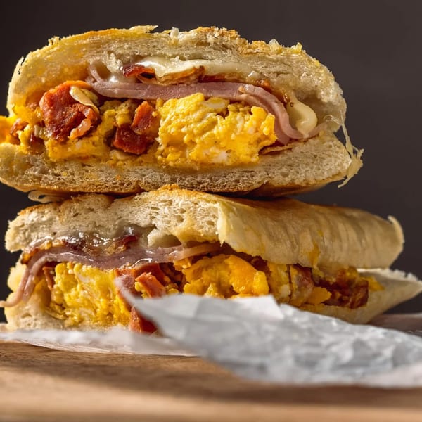 A stacked breakfast sandwich with scrambled eggs, bacon, ham, and melted cheese on a toasted bun.