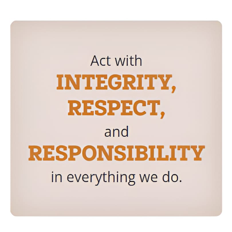 A sign with the text "Act with INTEGRITY, RESPECT, and RESPONSIBILITY in everything we do."