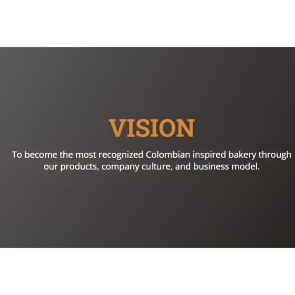 Text on a dark background reads: "VISION To become the most recognized Colombian inspired bakery."