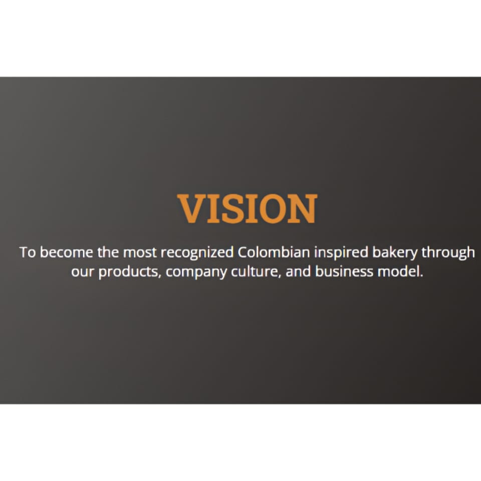 Text on a dark background reads: "VISION To become the most recognized Colombian inspired bakery."