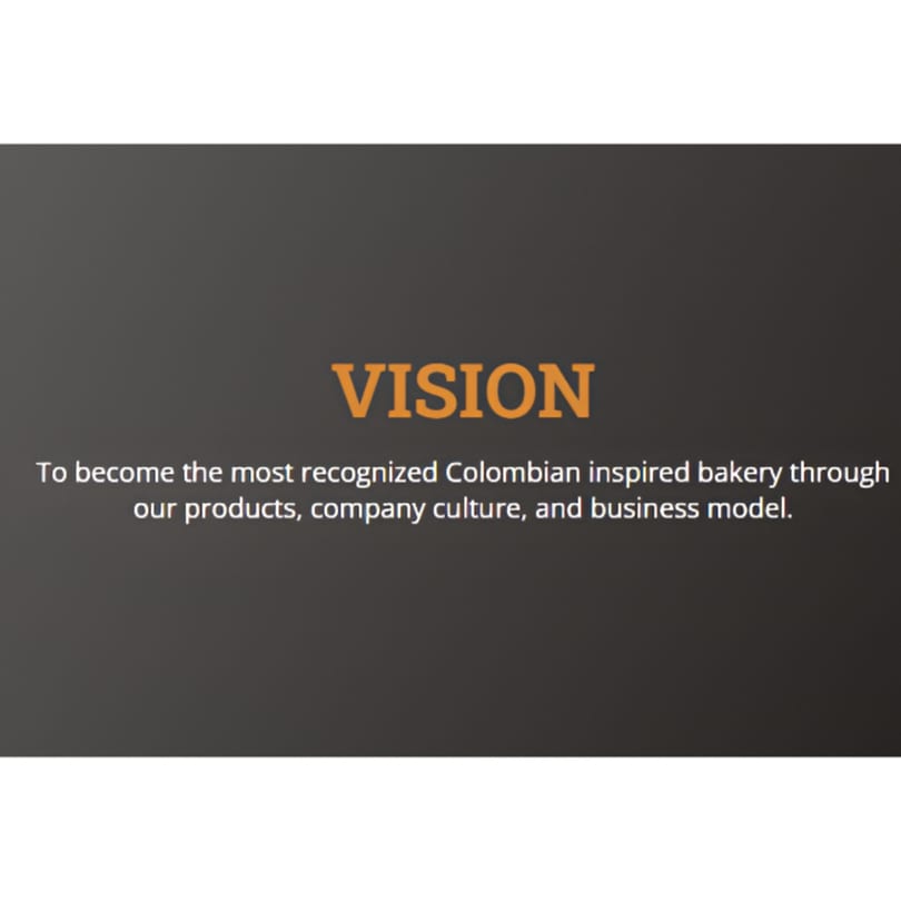 Text on a dark background reads: "VISION To become the most recognized Colombian inspired bakery."